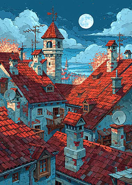 European Rooftops Under a Full Moon