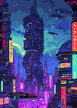 Cyberpunk Cityscape with Flying Vehicles