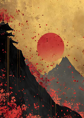 Japanese Temple with Cherry Blossoms and Sun
