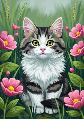 Cute Cat in a Field of Flowers