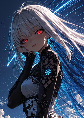 Anime Girl with Red Eyes and Blue Hair