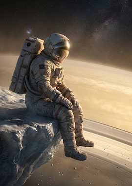 Astronaut sitting on a rock in space