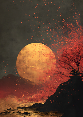 Japanese Landscape with Full Moon