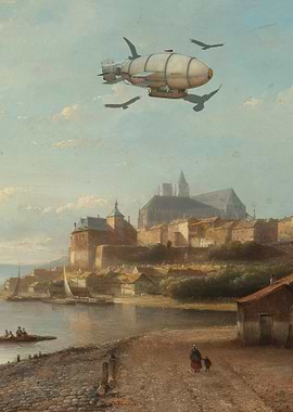 Steampunk Airship Over Historic Cityscape