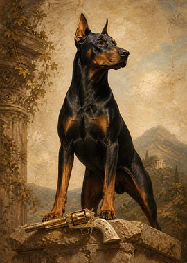 Doberman Pinscher with Ornate Revolver