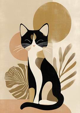 Abstract Cat with Botanical Elements