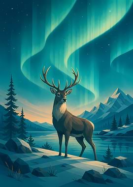 Deer Under Aurora Borealis
