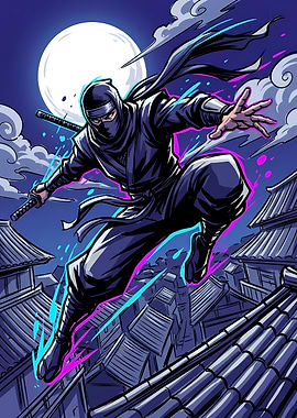Night Ninja Leaping Across Rooftops