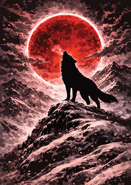 Wolf howling In Red Moon
