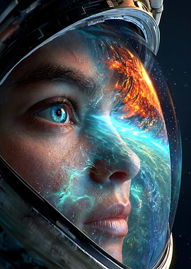 Astronaut's Gaze Reflecting the Cosmos