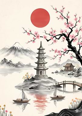 Japanese Landscape with Pagoda and Cherry Blossoms