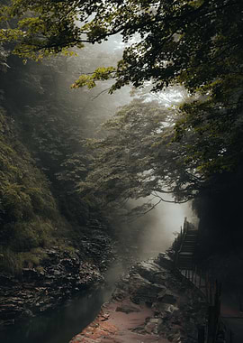 Misty Forest Path in Japan