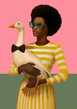 Stylish Woman Holding Goose in Striped Dress