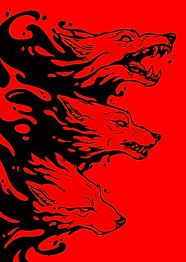Three Black Wolves on Red Background