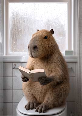 Capybara Reading a Book on a Toilet
