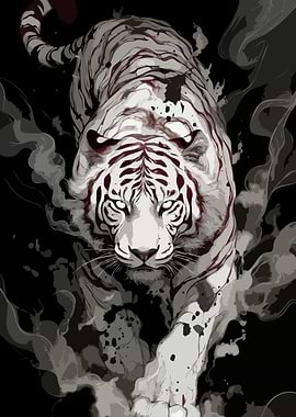 White Tiger Emerging from Smoke