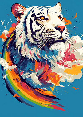 White Tiger with Rainbow and Birds