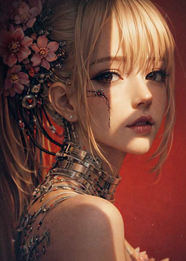 Cyberpunk Anime Girl with Flowers