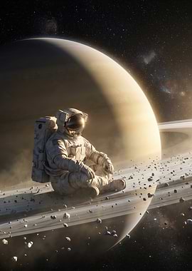 Astronaut sitting on Saturn's rings