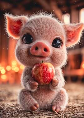 Cute Baby Pig Holding Apple