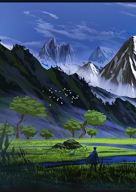 Lone traveler in a majestic mountain landscape