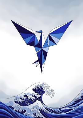 Origami Blue Polygon Bird Soaring Above Stylized Ocean Waves