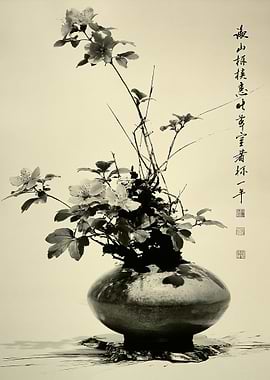Ink Wash Painting of Flowers in a Vase