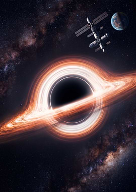 Black Hole with Space Station and Planet