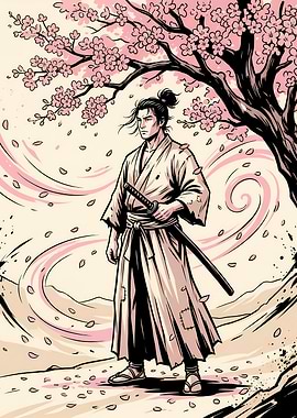 Samurai Standing in Spring Sakura Wind