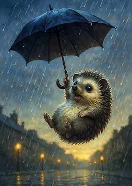 Hedgehog flying with an umbrella in the rain