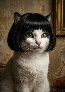 Cat with a black bob wig