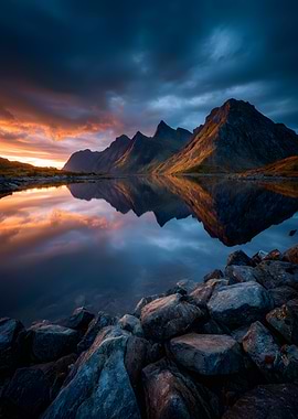 Dramatic Mountain Lake Sunset Reflection