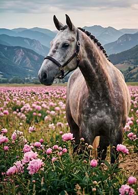 Horse in a field of pink peonies