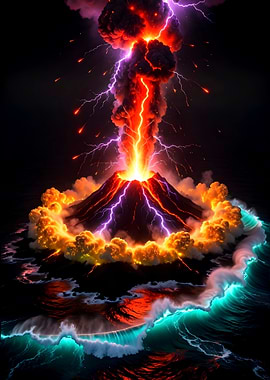 Volcano Eruption with Lightning and Waves
