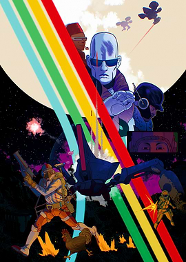 Sci-fi characters in space with rainbow