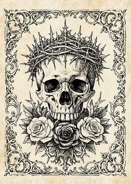 Skull with Crown of Thorns and Roses