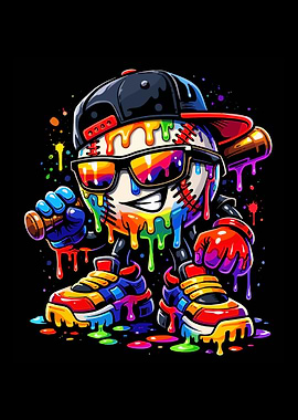 Cool Baseball Character Poster, Urban Street Art Baseball Wall Art, Colorful Sports Print