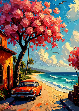Vintage Car on a Tropical Beach