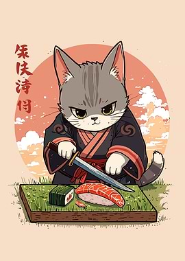 Samurai Cat Preparing Sushi