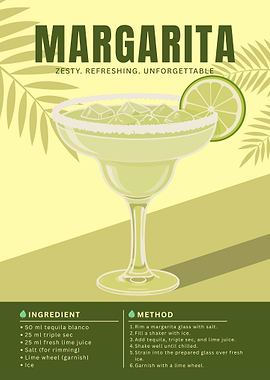 Margarita Cocktail Poster – Minimalist Tropical Tequila Art in Retro Lime Style