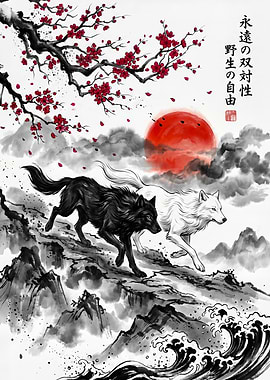 Yin Yang Wolves in Japanese Ink Painting