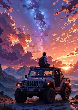Man on Jeep watches starry sunset
