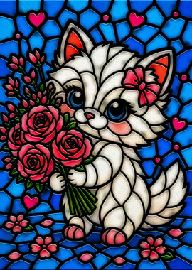 Cute Cat with Roses Stained Glass