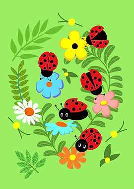 Ladybugs and Flowers on Green Background