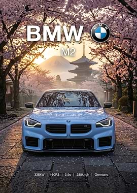 blue BMW M2 with Japanese Mount Fuji