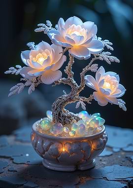Illuminated Bonsai with Glowing Flowers