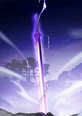 Glowing Purple Sword in Dark Landscape