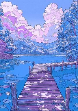 Tranquil lake dock with pastel clouds
