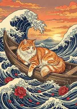 Cat in a Boat Amidst Waves
