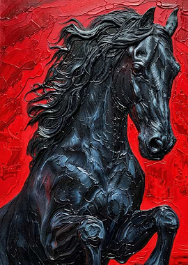 Textured Black Horse on Red Background
